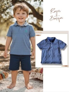 🌿US Polo Association Boys 5T Cotton Blue White Striped Polo Short Sleeve